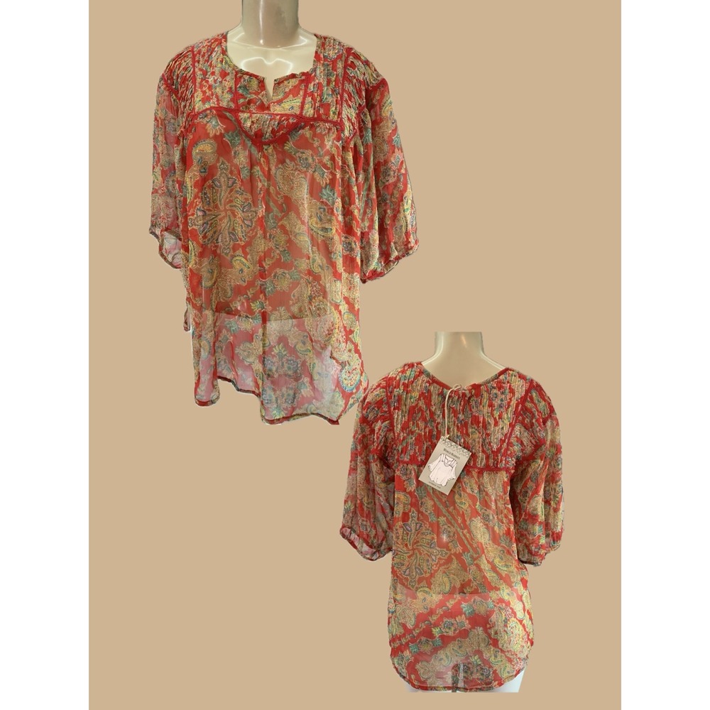 World Market M Red Paisley Sheer Boho Peasant Blouse Half Sleeve Pin-Tuck Detail